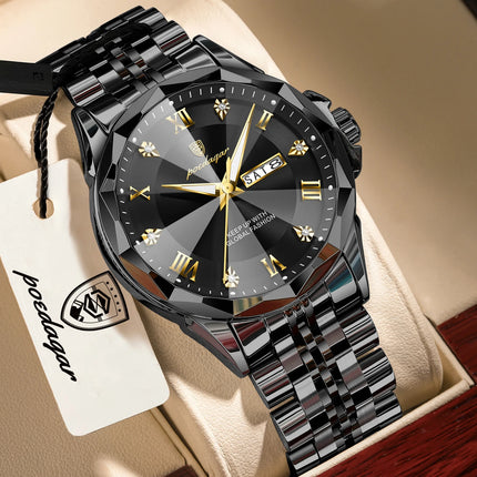 POEDAGAR Fashion Luxury Men Watch Top Original Waterproof Luminous Date Week Man Wristwatch Stainless Steel Quartz Men's Watches
