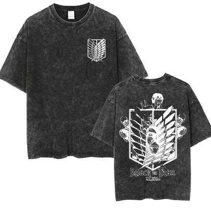 Anime Attack on Titan Vintage Washed Print T-shirt Mikasa Ackerman Eren Jaeger Wings of Freedom Logo Men's Summer Cotton T-shirts
