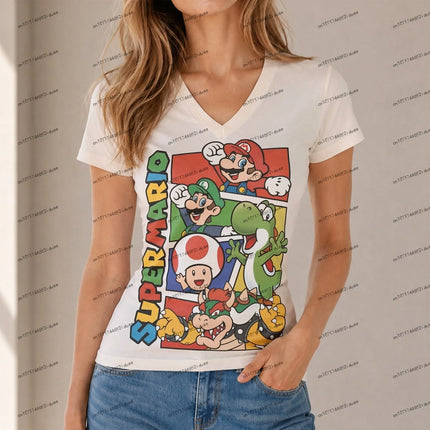 New Y2k T-shirt Super Mario Women T-shirt Hot Sale V Neck Harajuku Style XS-5XL Fashion Cuteore Party Short Sleeve Women's Anime