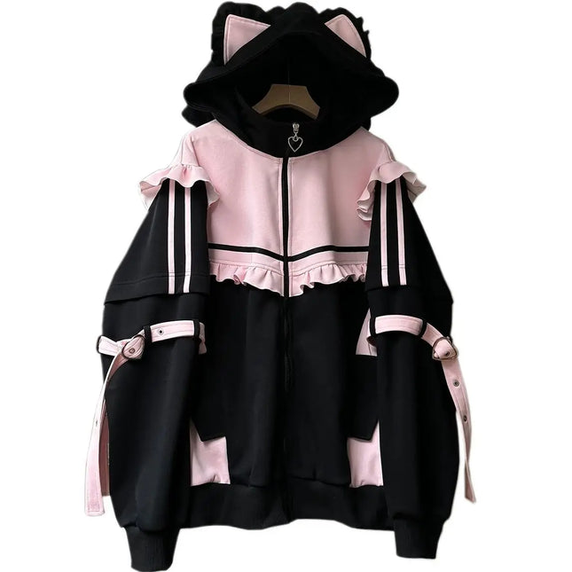 Japanese Hoodies Jackets Y2k Tops Streetwear Fashion Outwear Hooded Zipper Ruffles Sweatshirts Coat Contrast Color Casual Hoodie