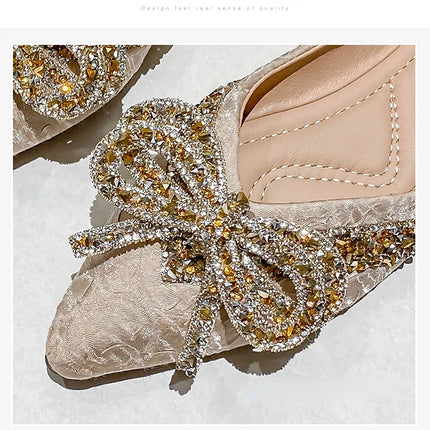 Women Flat Elegant Fashion Women Flat Fashion Ballet Shoes Ladies Bling Crystal Bow Tie Pointed Toe Flats Shoes Zapatos De Mujer