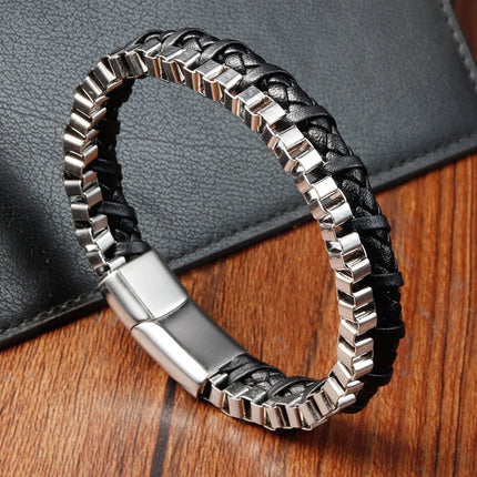 Classic Stainless Steel Leather Bracelet For Mens Chain Wristband Business Charm Jewelry Accessories for Dad Boyfriend
