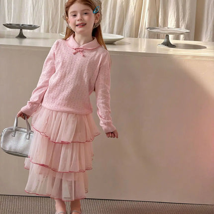 2026 Spring Sweet Preppy Style Girls Blouse Pink Peter Pan Collar Bow Openwork Knit Top Soft Long Sleeve Children Tee