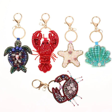 Rhinestone Lobster Beaded Keychain Pretty Hand Sewn Bag Charms Crab Shells Turtle Hanging Rope Patches Applique Bag Lanyard