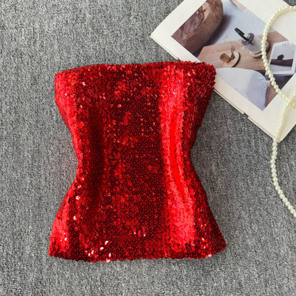 Elastic Slim Fit Stage Performance Outfit Heavy Sequin Wrap Chest Vest Tube Top in Pink Versatile Sexy Commute Sle ort Sl...