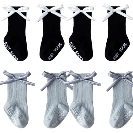 1/4pairs 0-2Y Cute Baby Girls' Cotton Mid-calf Socks Solid Bowknot Non-slip Sockens Toddler Kids Spring & Autumn Newborn Socks