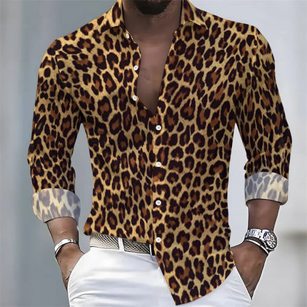 New Men's Leopard Print Long-Sleeved Shirt, Trendy Retro Slim-Fit Turn-Down Collar Casual and Stylish Men's Shirt, Sizes S-6XL.