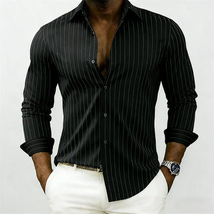 New men's striped shirt, outdoor street style, business casual, lapel collar, long sleeves, versatile and fashionable men's top.