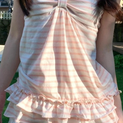 Japanese Sweet Vest Women Clothing Vintage Striped Sleeveless Tees Fashion Summer Camis Ruffles Slim Fit Vintage Tank Ropa Mujer