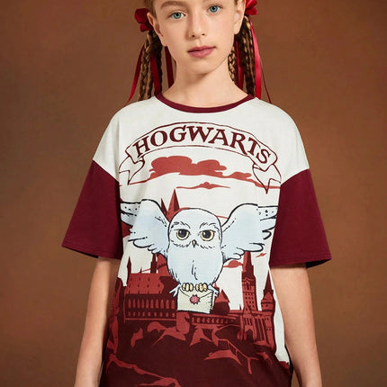 HARRY POTTER Tween Girl Owl Castle Pattern Print Loose Fit Short Sleeve T-shirts Children's Summer Casual Sports Round Neck Tops