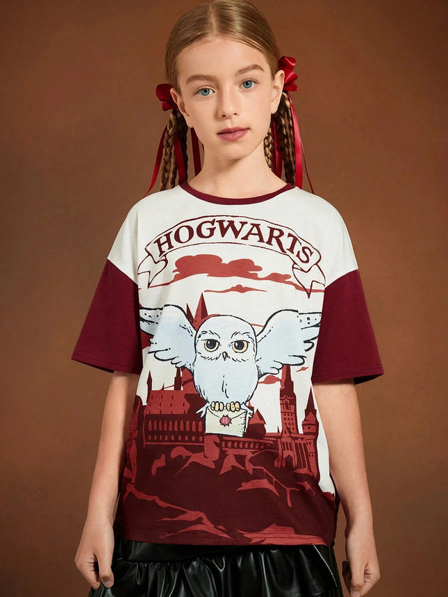 HARRY POTTER Tween Girl Owl Castle Pattern Print Loose Fit Short Sleeve T-shirts Children's Summer Casual Sports Round Neck Tops