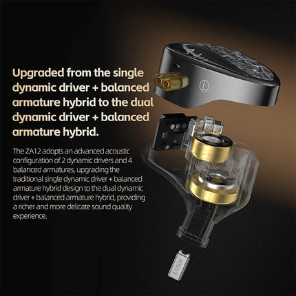 KZ ZA12 Hybrid dynamic balanced armature IEM earphones HiFi Bass wired headphone Noise Cancelling Earbuds in ear Monitor Headset