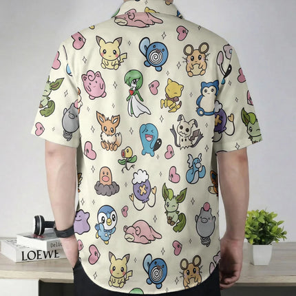 Pastel Yellow Kawaii Pokemon Character Hawaiian Shirt Summer Leisure Dry Quickly Men's T-Shirt Children's Clothing Tee Y2K Woman
