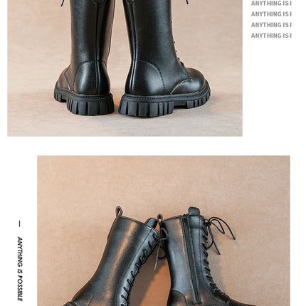 Girls' Boots Autumn Winter British Style Lace Up Long Boots Solid Color Princess Leather Boots Plus Velvet Kids Knight Boot