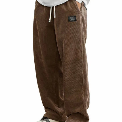 Men'S Corduroy Straight Leg Pants with Drawstring Waist,  Pockets, and Logo Design - Stretchy, Casual Fit for Everyday Wear