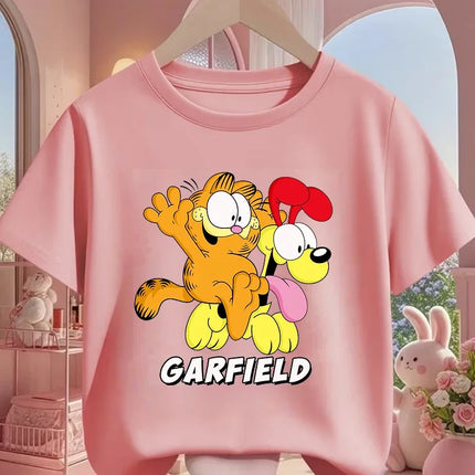 Summer Garfield Fashion T-Shirt Children Boys Girls Cute Kawaii Cartoon Crew Neck Street Casual Wear 3-14T