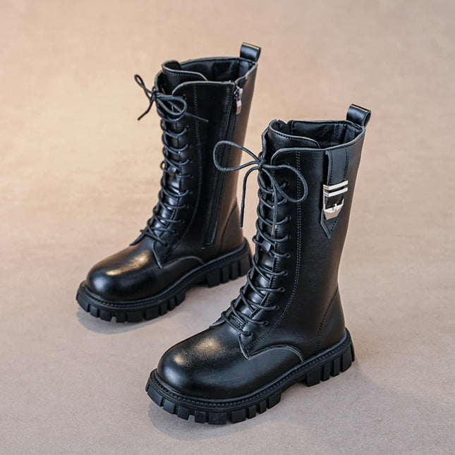 Elegant Zipper Baby Girl Casual Fashion Boots Autumn/winter Round Toe Warm Thick Sole Lace Comfortable Children's Midsole Boots