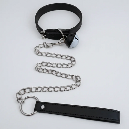 Women PU Leather Choker Collar With Metal Chain Bell Pendant And Traction Leash For Role Play Cosplay Party