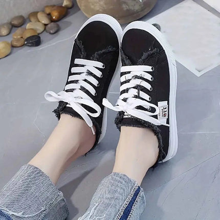 Womens Half Slipper Sneakers Comfortable Women Casual Shoe Lace-up Women Flat Shoes Breathable Canvas Shoes Anti-slip Zapatillas