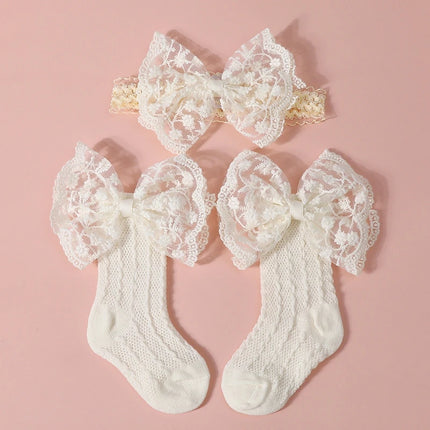 3pcs  Baby Bow Headband Socks Set  Turban Solid Soft Sock Toddler Boys Girls Lace Print Bowknot Elastic Hairband
