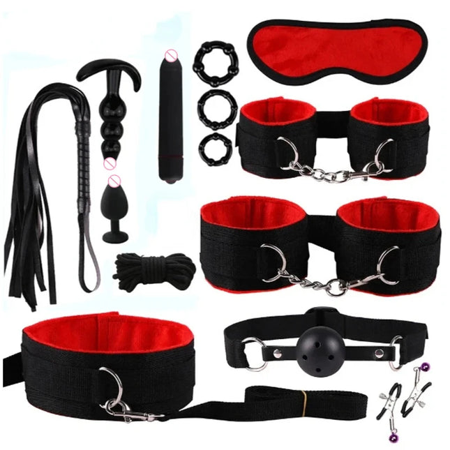 Hot Exotic Bed Bondage Set BDSM Kits Exotic Sex Toys For Women Adults Games Leather Handcuffs Whip Gag Nipple Clamps Sex Shop