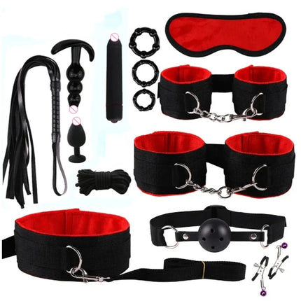 Hot Exotic Bed Bondage Set BDSM Kits Exotic Sex Toys For Women Adults Games Leather Handcuffs Whip Gag Nipple Clamps Sex Shop