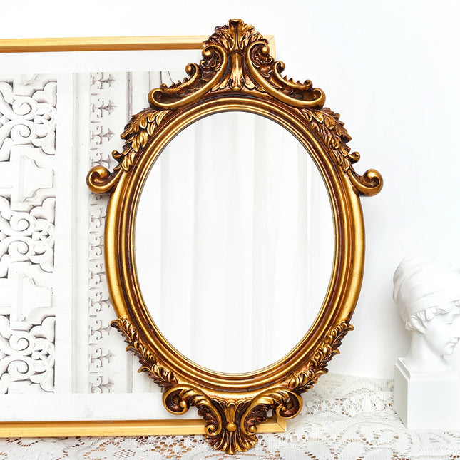 Ornate Gold Oval Mirror, Vintage Baroque Wall Decor Mirror, 37.5cm Hanging Mirror for Home