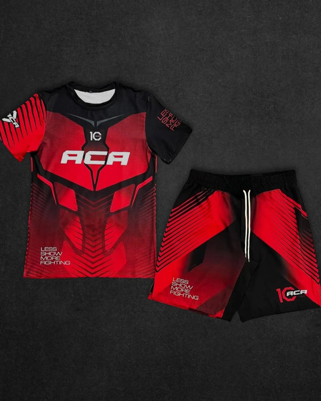 ACA MMA Boxing Suit 2PCS Set Men's 3D Printed Short Sleeve Rash Guard Top & Fighting Shorts Quick-Dry Combat Training Sportswear