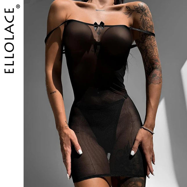 Ellolace Solid Women's Casual Dresses Transparent Dress Thong 2PC Tempted Back Tie-up Erotic Women's Underwear Sexy Girls' Kit