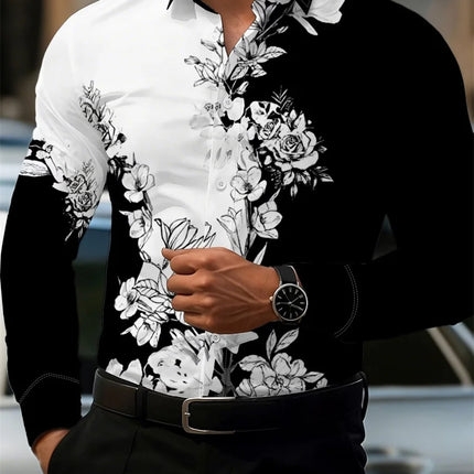 2026 Men's Fashion Red Rose Print Long-Sleeve Shirt, Stylish Casual Design, Spring/Autumn Casual Shirt, Sizes XS-6XL