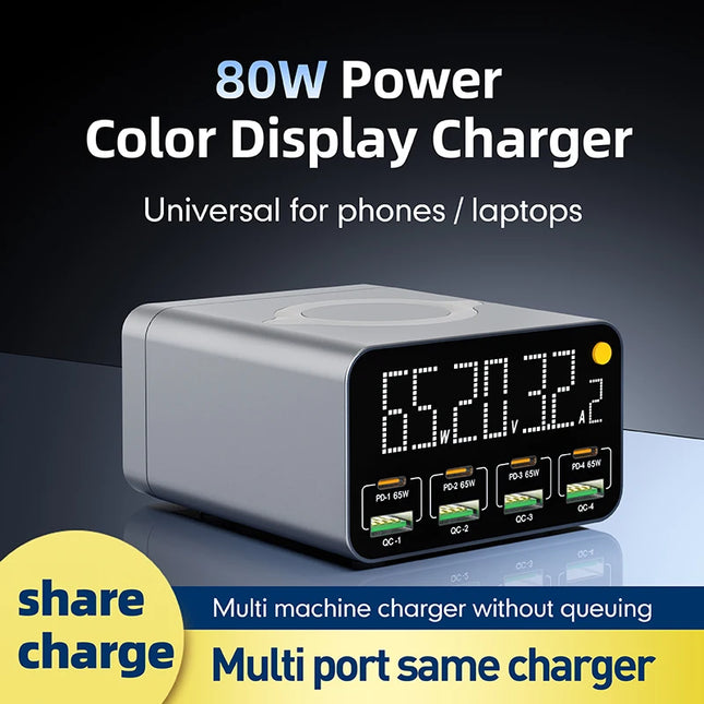 80W/120W 8-Port Charger Station Digital Display USB Type-C with Wireless Charger PD QC3.0 Quick Charger for Laptop Tablet Phone