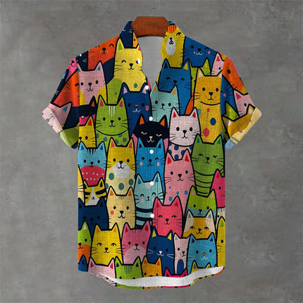 Men's New Short-Sleeved Shirt, Cartoon Cat Print, Hawaiian Style Casual Vacation Lapel Top, Wrinkle-Resistant and Non-Iron.