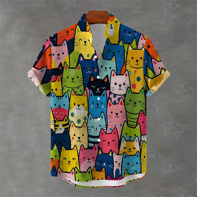 Men's New Short-Sleeved Shirt, Cartoon Cat Print, Hawaiian Style Casual Vacation Lapel Top, Wrinkle-Resistant and Non-Iron.
