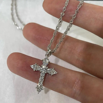Silver Color Zircon Cross Pendant Necklace for Women Shiny Rhinestone Collar Necklaces 2025 Trend Christmas Jewelry