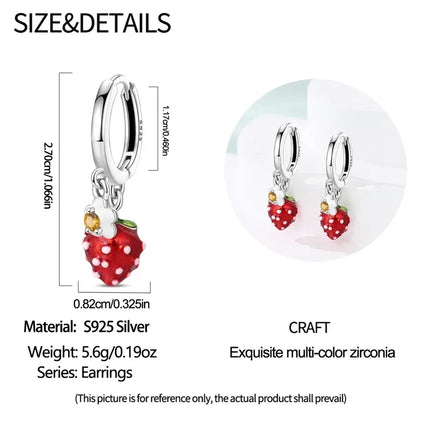 Original Earrings 925 Silver Fruit Series Cherry Strawberry Hoop Earrings Ear Studs Zircon Making Jewelry for Women Girl Party