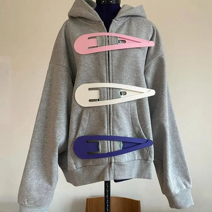 American Retro Hair Clip Hoodies Womens New Zipper Cardigan Jacket Womens Kawaii Oversized Hoodie Sweatshirt Fashion Y2k Clothes