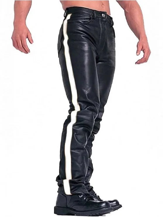New Men's Black PU Leather Side Color-blocking Punk Style Street Casual Pants Motorcycle Leather Trousers Four Season Pants Male