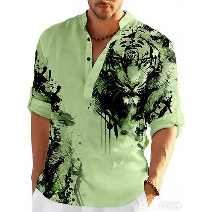Spring and Autumn 3D Button Polo Shirt Graffiti Stand Collar New Casual Long Sleeved Polo Shirt