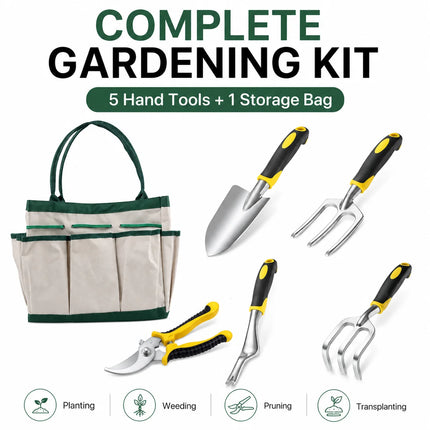 6PCS Garden Hand Tool Set with Storage Bag, Trowel Rake Fork Weeder Pruning Shears Kit for Planting Weeding Transplanting
