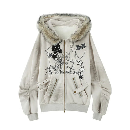 American retro fur collar rabbit ear hooded sweater jacket gray Y2K printed fleece thickened women's top autumn and winter