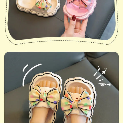 Children Slippers Girls Wearing Soft Soled Slippers Outside Cute Bow Anti Slip Bathroom Slippers Contrast Color Kid Slippers