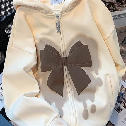 2025 New Cute Girl Zipper Bow Print Hooded Spring And Autumn Thin Collection Fashion Trends Versatile Casual Lazy Wind ﻿