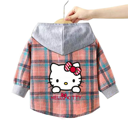 Spring and Autumn Children's Sanrio Cinnamoroll Shirts 1-12 Year Girls Checkered Hooded Blouse Fashion Cartoon Shirt Sweater