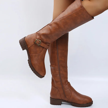 Women Knee High Boots Platform Long Boots Low Heels Round Toe Shoes New Zip Brown High Boot Vintage Pu Leather Women Boots 2025