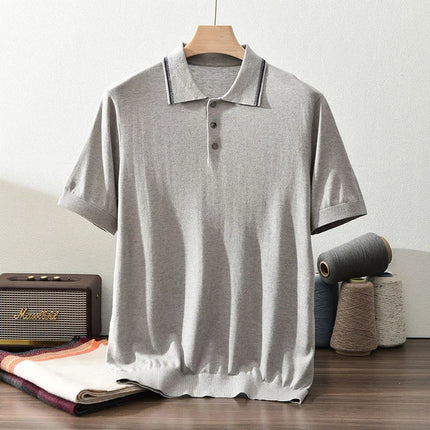 85% Silk + 15% Cashmere Men's T-shirt Casual Solid Color Knitted Pullover Short Sleeved Polo Neck Tees Basic Tops