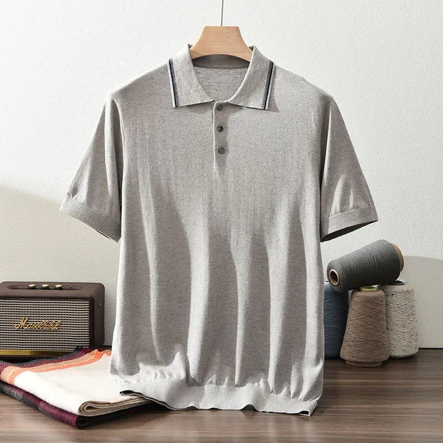 85% Silk+15% cashmere men's T-shirt casual solid color knitted pullover short sleeved POLO Neck Tees basic Tops