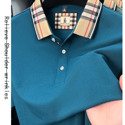 Men's high-end silky cotton breathable short-sleeved polo shirt, new summer trend, plaid lapel, designer brand, casual golf T-shirt