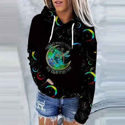 Moon Print Kangaroo Pocket Hoodie Casual Long Sleeve Drawstring Hoodies Sweatshirt Women's Clothing