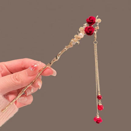 Rose Flower Hair Stick Tassel Hairpin Chinese Wedding Accessories Hairpin Hair Stick Female Hair Ornament Styling Tools
