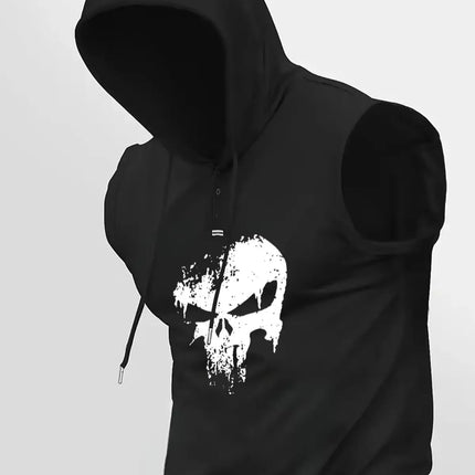 Men Skull Print Sleeveless Hoodie Gym Workout Tank Top Casual Streetwear Loose Fit Vest